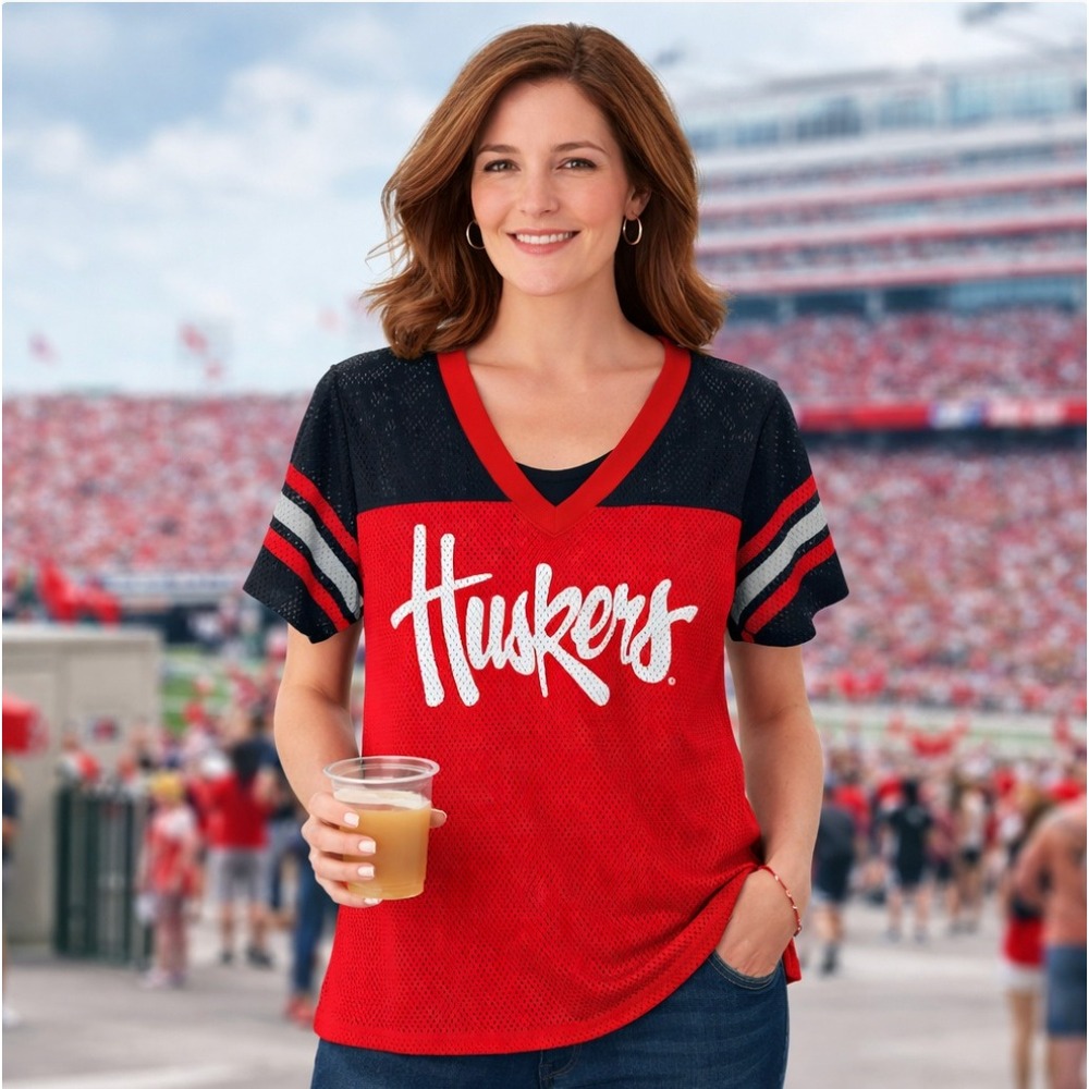 Nebraska Huskers Mesh Jersey Womens V Neck Red Black Football Game Day S